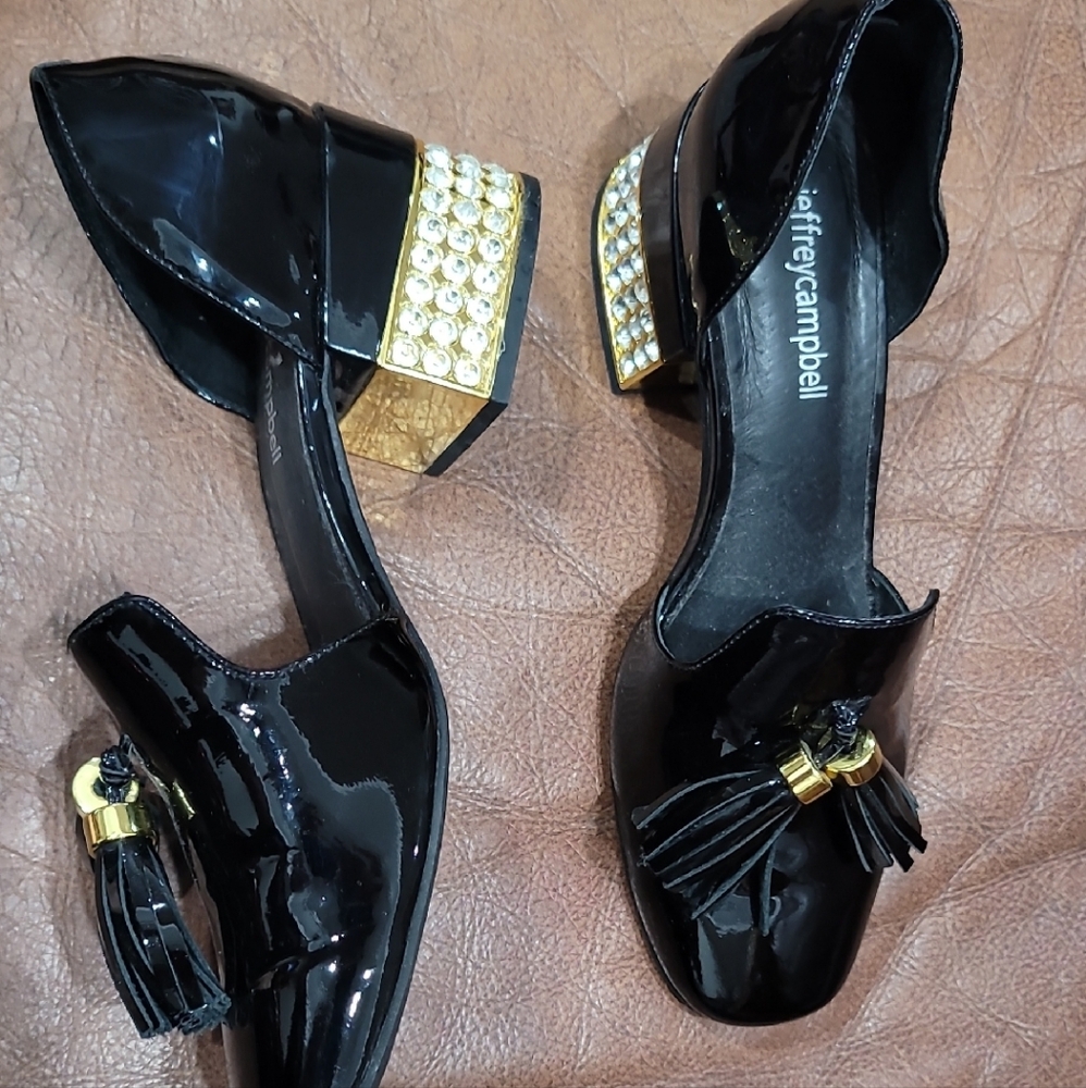Jeffrey Campbell Black Patent Heels with Gold Block